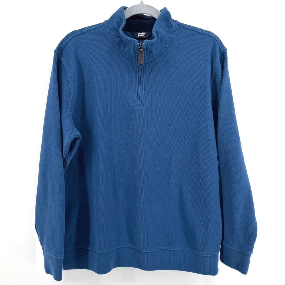 Lands End Quarter Zip Pullover Mens XL Blue Ribbed Mock Neck Sweater Cotton Top